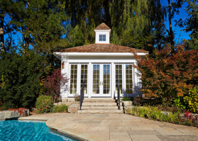 gazebo - pool - change area - patio - landscape - stone stairs - stone diving board -