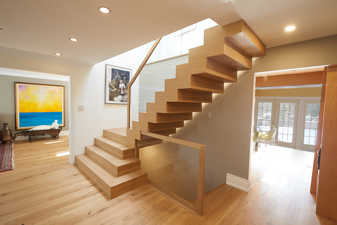 Custom Modern Renovated Stairway with Lights steps - stairs - lit - glass - wood railings - customized - wood floors